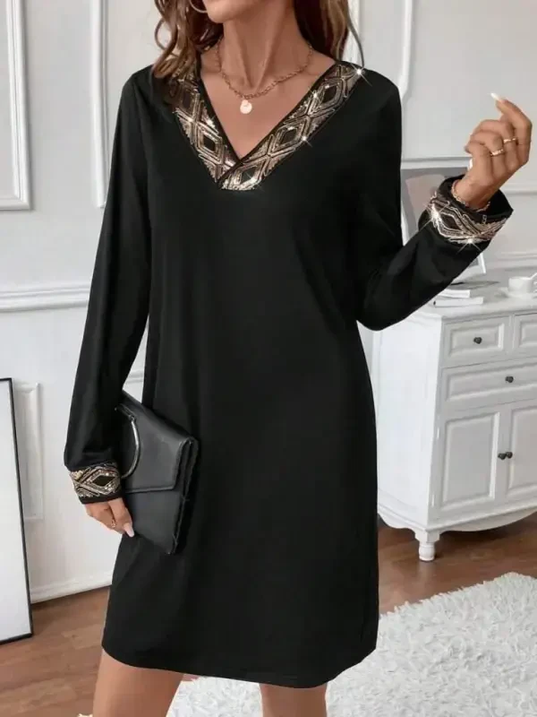 Women's Long Sleeve V-Neck Sequin Detail Mini Imported Crepe Dress - 3
