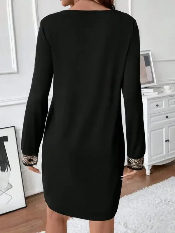 Women's Long Sleeve V-Neck Sequin Detail Mini Imported Crepe Dress - 4