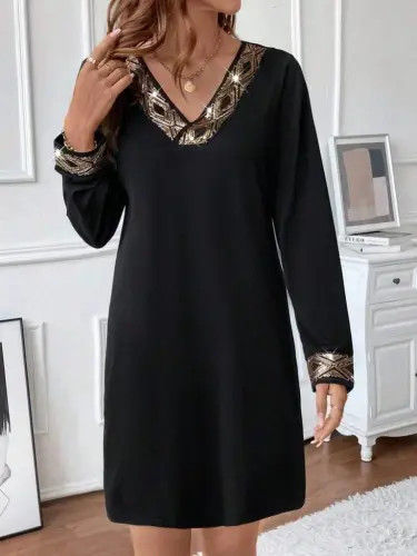 Women's Long Sleeve V-Neck Sequin Detail Mini Imported Crepe Dress - BÜYÜKBEDENIZ (1)