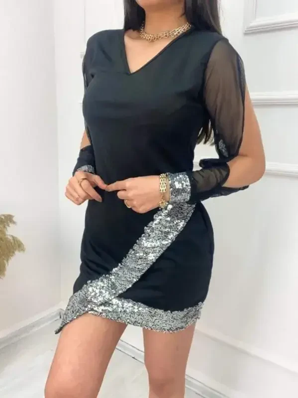 Women's Long Sleeve V Neck Sequin Detailed Imported Crepe Mini Dress - 2