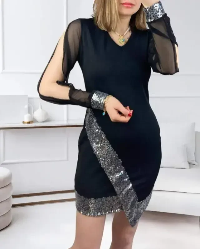 Women's Long Sleeve V Neck Sequin Detailed Imported Crepe Mini Dress - 3