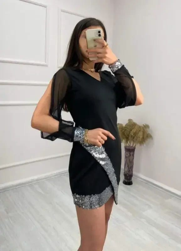 Women's Long Sleeve V Neck Sequin Detailed Imported Crepe Mini Dress - 4