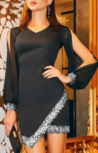 Women's Long Sleeve V Neck Sequin Detailed Imported Crepe Mini Dress - 5