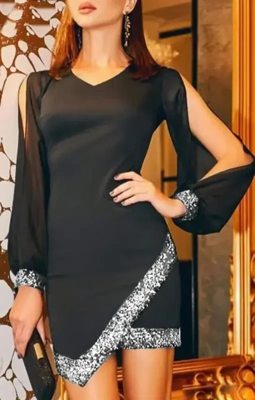 Women's Long Sleeve V Neck Sequin Detailed Imported Crepe Mini Dress - 5