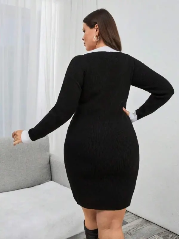 Women's Long Sleeve V Neck Short Knit Dress - 3