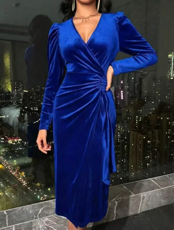 Women's Long Sleeve V-Neck Side Ruched Midi Velvet Dress - 1