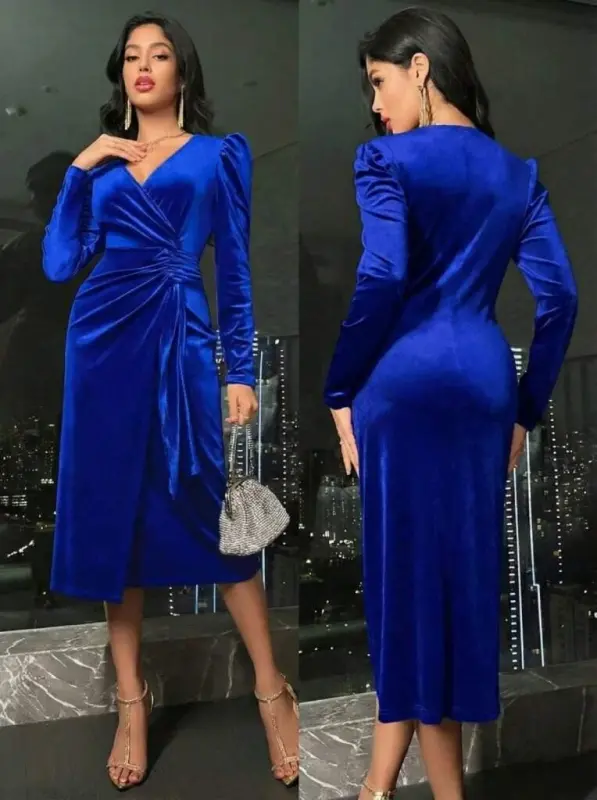 Women's Long Sleeve V-Neck Side Ruched Midi Velvet Dress - 4