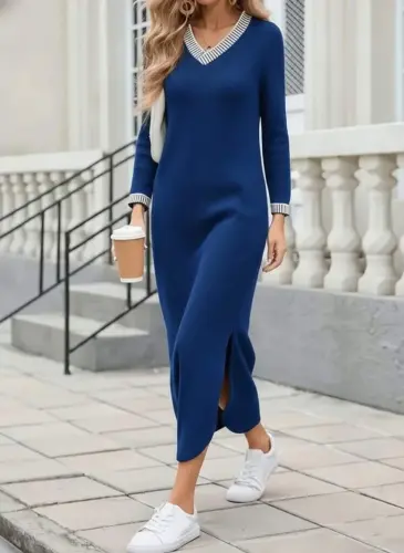 Women's Long Sleeve V Neck Side Slit Long Viscose Two Thread Dress - 1