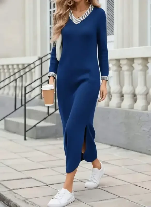 Women's Long Sleeve V Neck Side Slit Long Viscose Two Thread Dress - 1