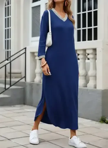 Women's Long Sleeve V Neck Side Slit Long Viscose Two Thread Dress - BÜYÜKBEDENIZ (1)