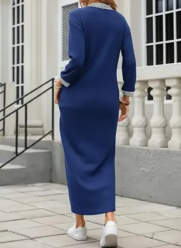 Women's Long Sleeve V Neck Side Slit Long Viscose Two Thread Dress - 3