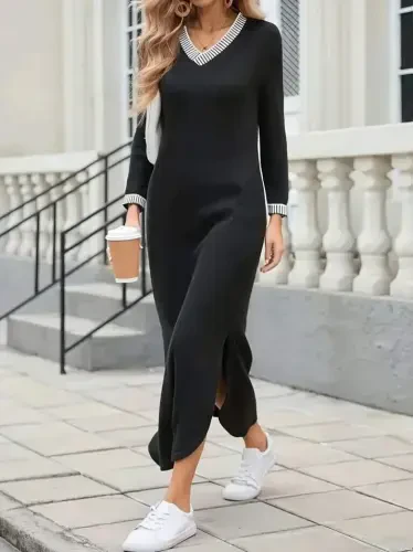 Women's Long Sleeve V Neck Side Slit Long Viscose Two Thread Dress - 1