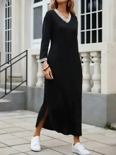 Women's Long Sleeve V Neck Side Slit Long Viscose Two Thread Dress - BÜYÜKBEDENIZ (1)