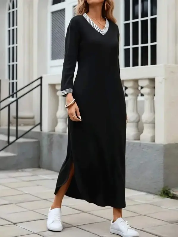 Women's Long Sleeve V Neck Side Slit Long Viscose Two Thread Dress - 2