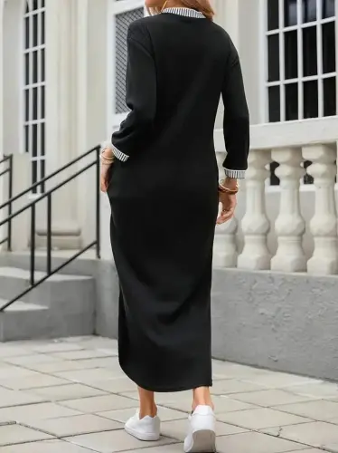 Women's Long Sleeve V Neck Side Slit Long Viscose Two Thread Dress - 3