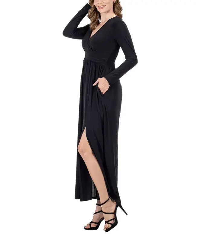 Women's Long Sleeve V-neck Side Slit Maxi Dress-Black - 3