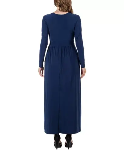 Women's Long Sleeve V-neck Side Slit Maxi Dress-Navy - 24SEVEN COMFORT APPAREL (1)