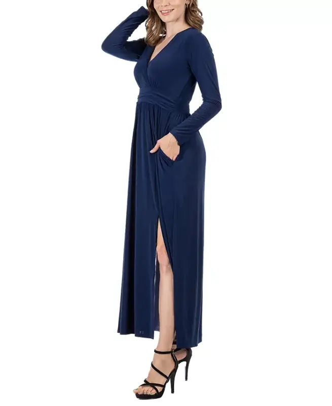 Women's Long Sleeve V-neck Side Slit Maxi Dress-Navy - 3