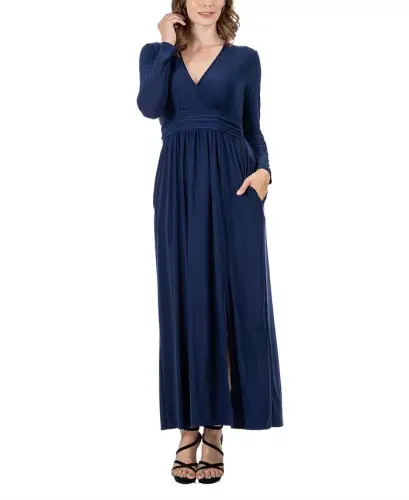 Women's Long Sleeve V-neck Side Slit Maxi Dress-Navy - 4