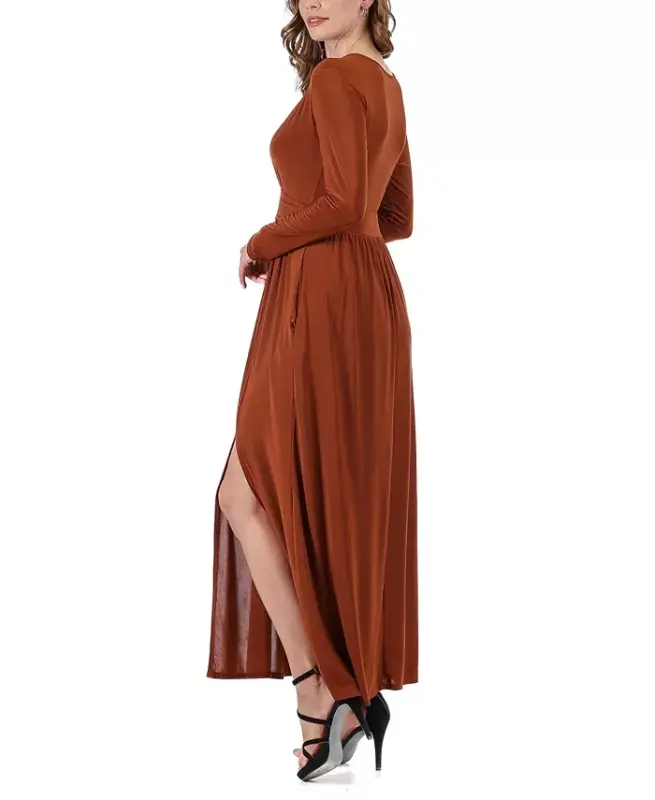 Women's Long Sleeve V-neck Side Slit Maxi Dress-Tobacco - 4