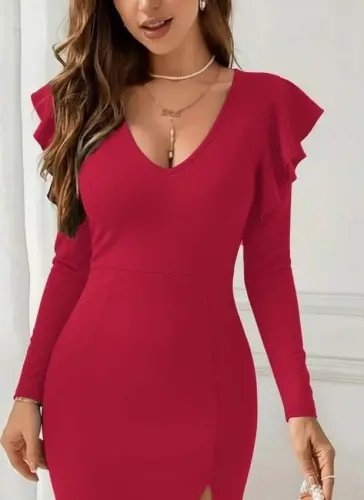 Women's Long Sleeve V Neck Side Slit Midi Imported Crepe Dress - BÜYÜKBEDENIZ (1)