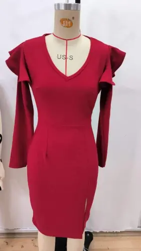 Women's Long Sleeve V Neck Side Slit Midi Imported Crepe Dress - 4