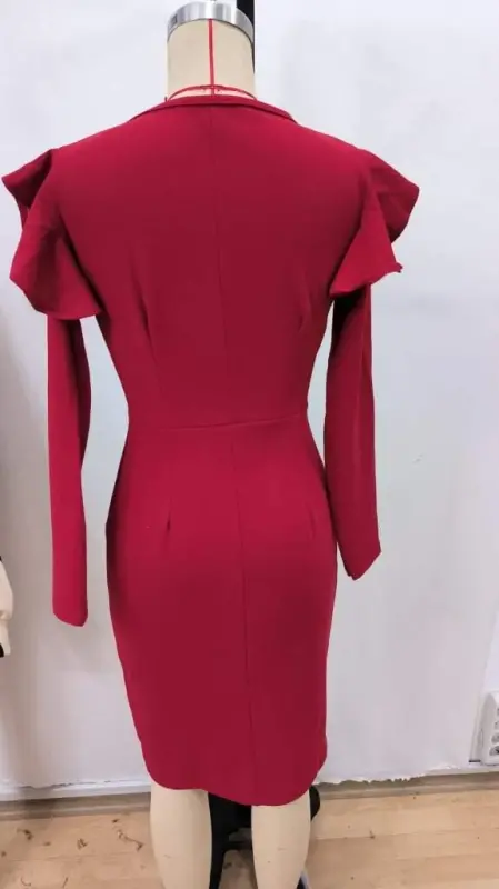 Women's Long Sleeve V Neck Side Slit Midi Imported Crepe Dress - 5
