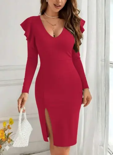Women's Long Sleeve V Neck Side Slit Midi Imported Crepe Dress - 3