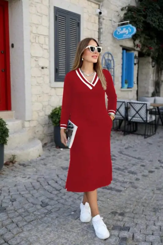 Women's Long Sleeve V Neck Side Slit Two Thread Midi Dress - BÜYÜKBEDENIZ