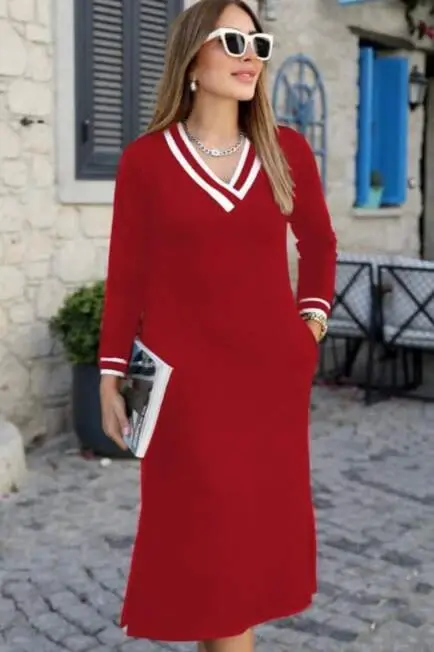 Women's Long Sleeve V Neck Side Slit Two Thread Midi Dress - 2
