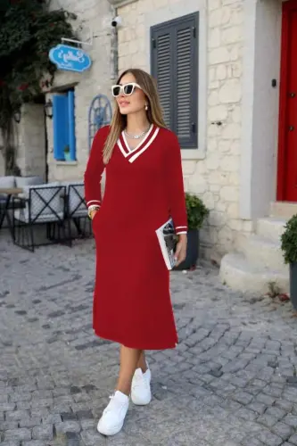 Women's Long Sleeve V Neck Side Slit Two Thread Midi Dress - 3