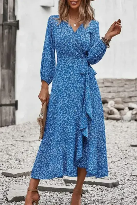 Women's Long Sleeve V-Neck Side Tie Ruffle Front Detail Supreme Maxi Dress - 1