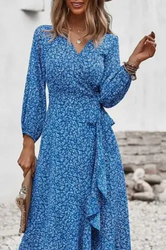 Women's Long Sleeve V-Neck Side Tie Ruffle Front Detail Supreme Maxi Dress - BÜYÜKBEDENIZ (1)