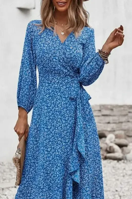 Women's Long Sleeve V-Neck Side Tie Ruffle Front Detail Supreme Maxi Dress - 2