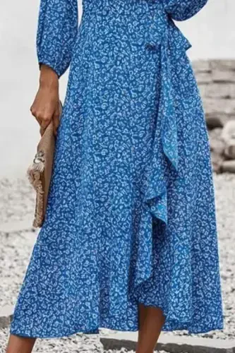 Women's Long Sleeve V-Neck Side Tie Ruffle Front Detail Supreme Maxi Dress - 3