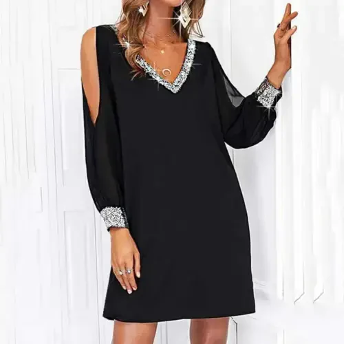 Women's Long Sleeve V Neck Sleeves Tulle Slit Detail Sleeve Cuffs And Collar Sequin Crepe Dress - 1