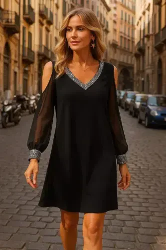 Women's Long Sleeve V Neck Sleeves Tulle Slit Detail Sleeve Cuffs And Collar Sequin Crepe Dress - BÜYÜKBEDENIZ (1)