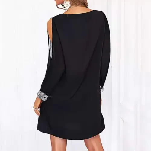 Women's Long Sleeve V Neck Sleeves Tulle Slit Detail Sleeve Cuffs And Collar Sequin Crepe Dress - 6