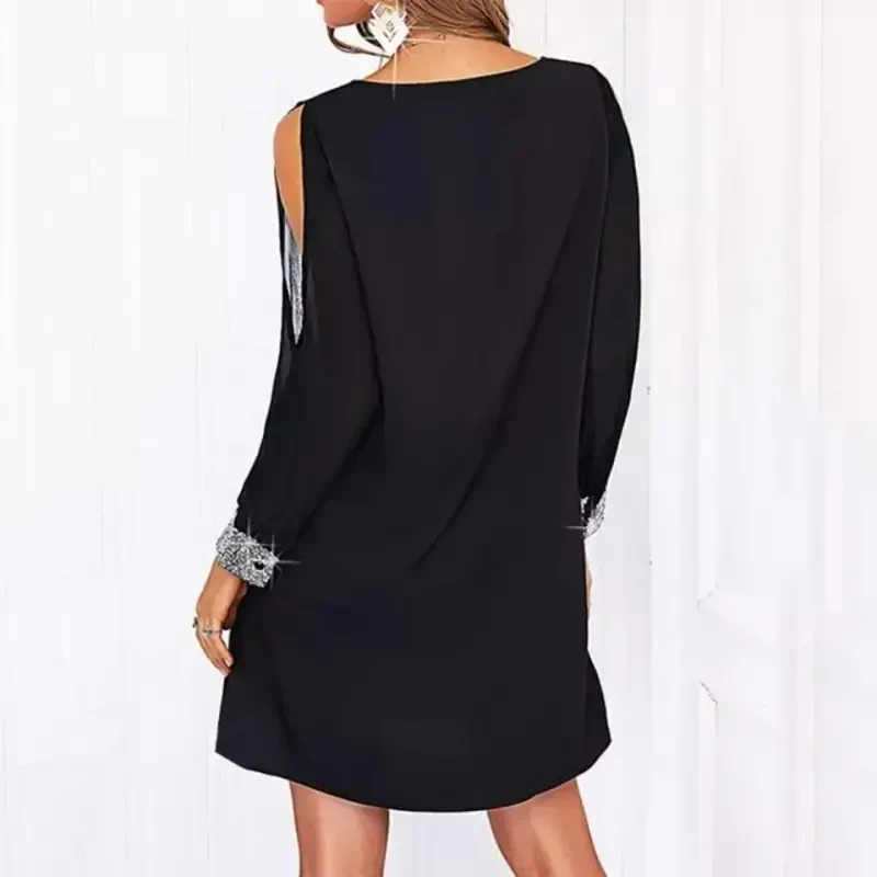 Women's Long Sleeve V Neck Sleeves Tulle Slit Detail Sleeve Cuffs And Collar Sequin Crepe Dress - 6