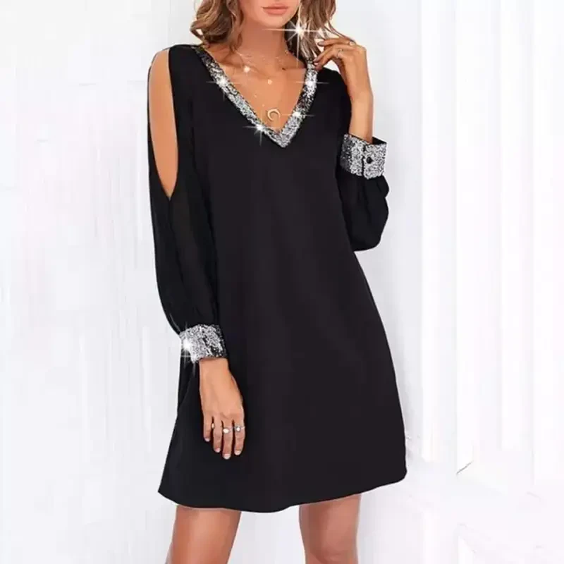 Women's Long Sleeve V Neck Sleeves Tulle Slit Detail Sleeve Cuffs And Collar Sequin Crepe Dress - 7