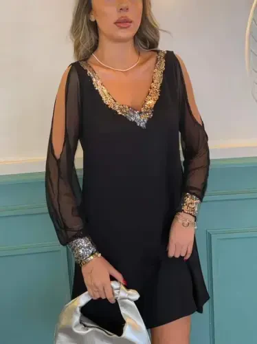 Women's Long Sleeve V Neck Sleeves Tulle Slit Detail Sleeve Cuffs And Collar Sequin Crepe Dress - 9