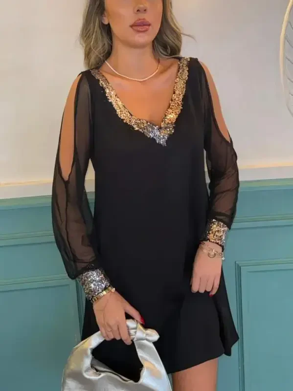 Women's Long Sleeve V Neck Sleeves Tulle Slit Detail Sleeve Cuffs And Collar Sequin Crepe Dress - 9