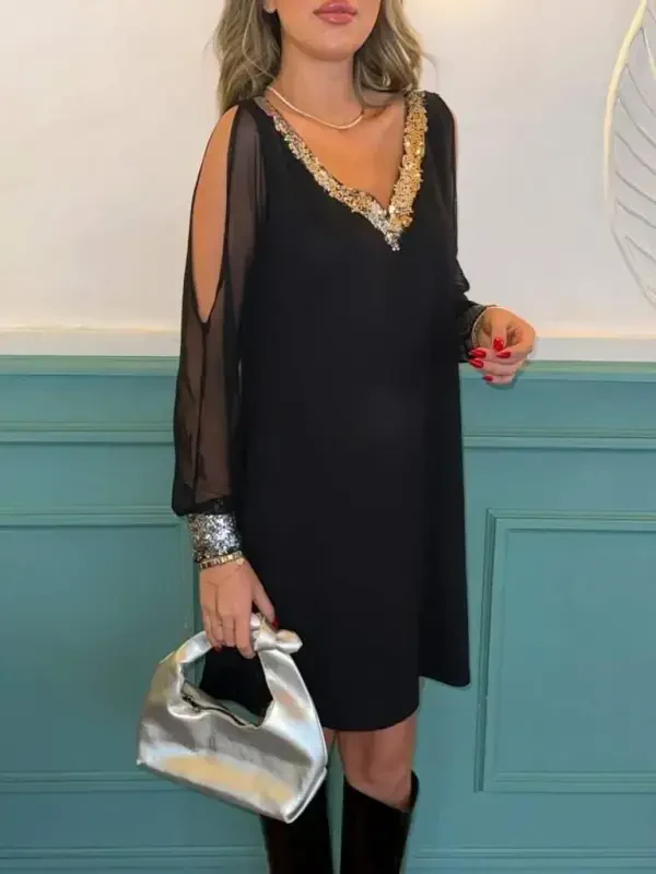 Women's Long Sleeve V Neck Sleeves Tulle Slit Detail Sleeve Cuffs And Collar Sequin Crepe Dress - 10