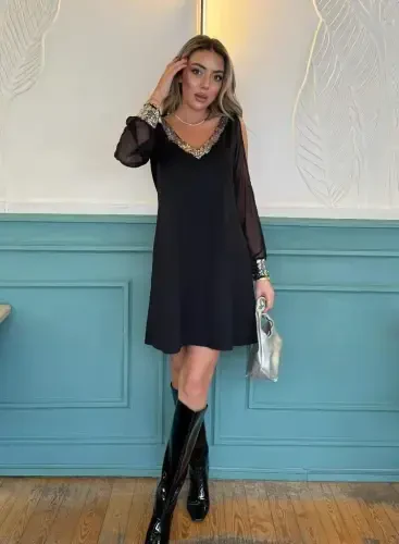 Women's Long Sleeve V Neck Sleeves Tulle Slit Detail Sleeve Cuffs And Collar Sequin Crepe Dress - 12