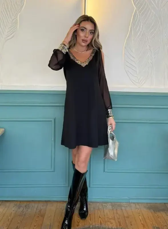 Women's Long Sleeve V Neck Sleeves Tulle Slit Detail Sleeve Cuffs And Collar Sequin Crepe Dress - 12