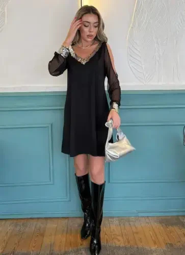 Women's Long Sleeve V Neck Sleeves Tulle Slit Detail Sleeve Cuffs And Collar Sequin Crepe Dress - 13