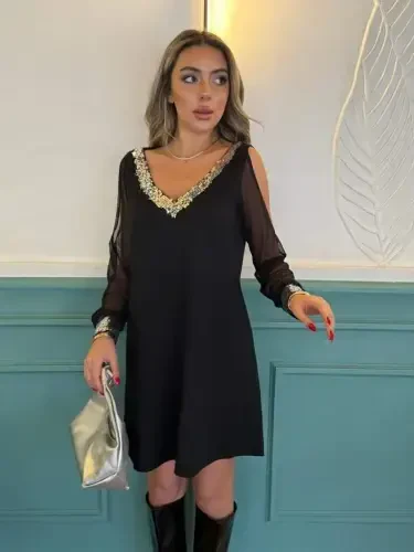 Women's Long Sleeve V Neck Sleeves Tulle Slit Detail Sleeve Cuffs And Collar Sequin Crepe Dress - 14