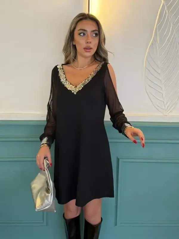 Women's Long Sleeve V Neck Sleeves Tulle Slit Detail Sleeve Cuffs And Collar Sequin Crepe Dress - 14