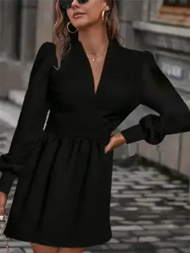 Women's Long Sleeve V Neck Slightly Pleated from Waist Scuba Crepe Mini Dress - 1