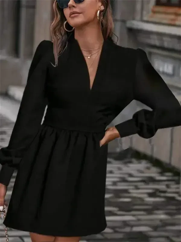 Women's Long Sleeve V Neck Slightly Pleated from Waist Scuba Crepe Mini Dress - 1